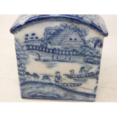 605 - Chinese Blue & White Flask & Cover Depicting Figures & Boats beside a river. Character Marks to Base... 