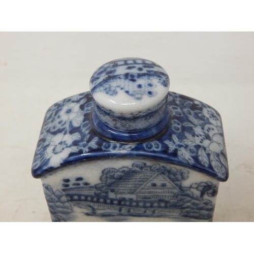 605 - Chinese Blue & White Flask & Cover Depicting Figures & Boats beside a river. Character Marks to Base... 