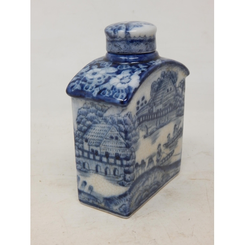 605 - Chinese Blue & White Flask & Cover Depicting Figures & Boats beside a river. Character Marks to Base... 