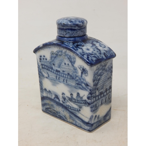 605 - Chinese Blue & White Flask & Cover Depicting Figures & Boats beside a river. Character Marks to Base... 