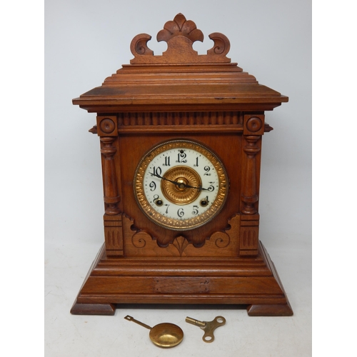 610 - Large Wooden Cased Mantel Clock with Pendulum & Key by Ansonia, New York: Measuring 44cm high x 34cm... 