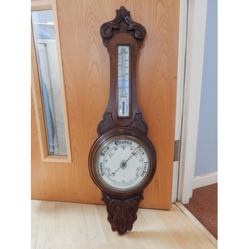 612 - Early 20th Century Wooden Cased Banjo Aneroid Barometer. Measuring 90cm high