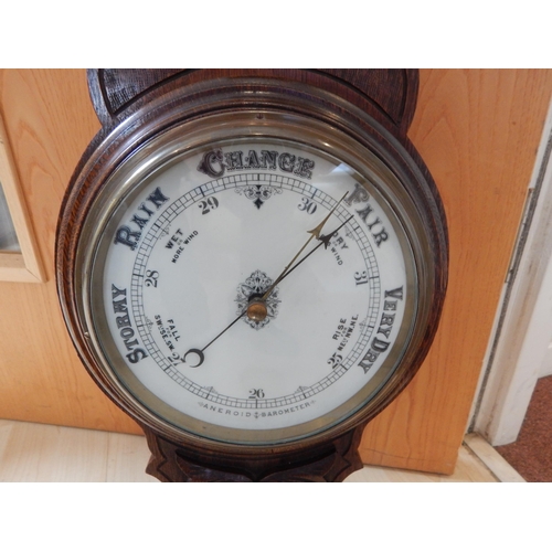 612 - Early 20th Century Wooden Cased Banjo Aneroid Barometer. Measuring 90cm high