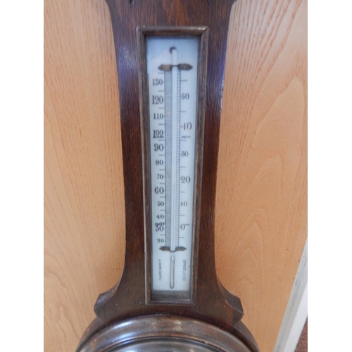 613 - Early 20th Century Wooden Cased Banjo Aneroid Barometer. Measuring 80cm high