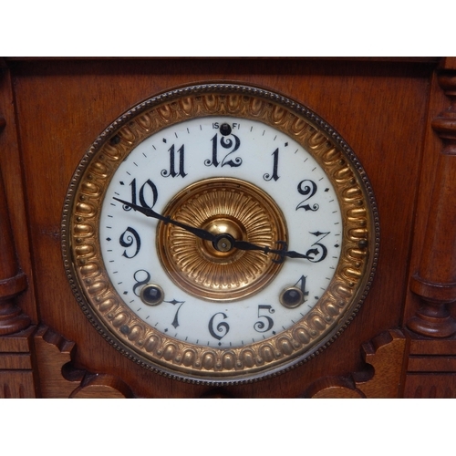 610 - Large Wooden Cased Mantel Clock with Pendulum & Key by Ansonia, New York: Measuring 44cm high x 34cm... 