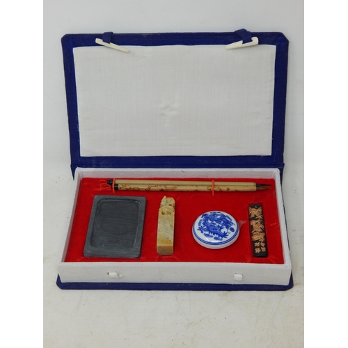 616 - Chinese Scholars Set Comprising, Seal, Wax Pot, Brushes etc in Original Fitted Case.