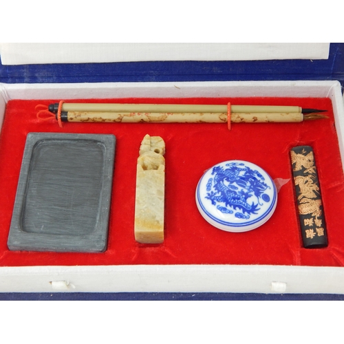 616 - Chinese Scholars Set Comprising, Seal, Wax Pot, Brushes etc in Original Fitted Case.