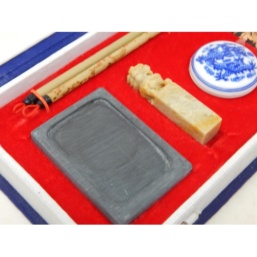 616 - Chinese Scholars Set Comprising, Seal, Wax Pot, Brushes etc in Original Fitted Case.