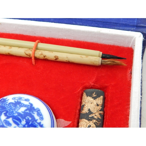 616 - Chinese Scholars Set Comprising, Seal, Wax Pot, Brushes etc in Original Fitted Case.