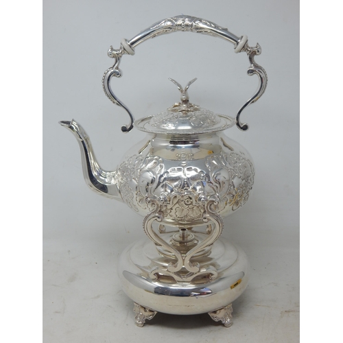 386 - Good Victorian Silver Plated Tea Kettle on Stand with Burner. The Kettle Chased with Foliate Decorat... 