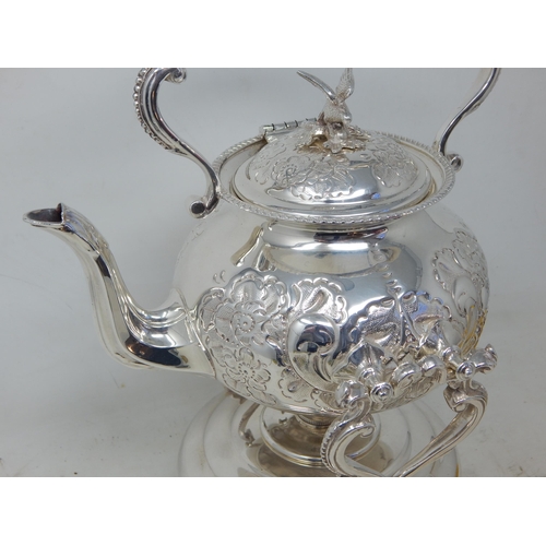 386 - Good Victorian Silver Plated Tea Kettle on Stand with Burner. The Kettle Chased with Foliate Decorat... 