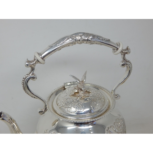 386 - Good Victorian Silver Plated Tea Kettle on Stand with Burner. The Kettle Chased with Foliate Decorat... 