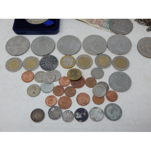 214 - Quantity of Coinage Including Some Silver together with a Napoleon Medallion & Chain, Banknotes etc