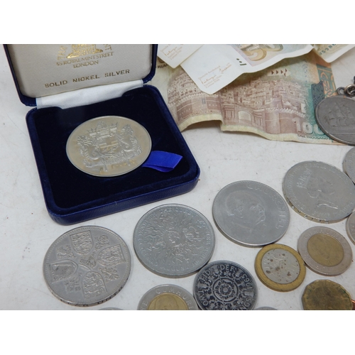 214 - Quantity of Coinage Including Some Silver together with a Napoleon Medallion & Chain, Banknotes etc