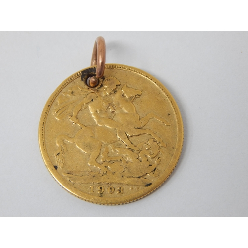 343 - Edwardian Full Gold Sovereign 1903. Holed with Suspension loop: Weight 7.8g