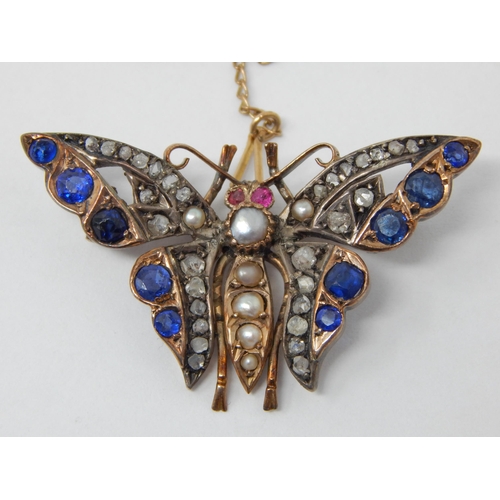 346 - 19th Century Gold & Silver Butterfly Brooch, Set with 30 Diamonds, 10 Sapphires, Pearls & 2 Ruby Set... 