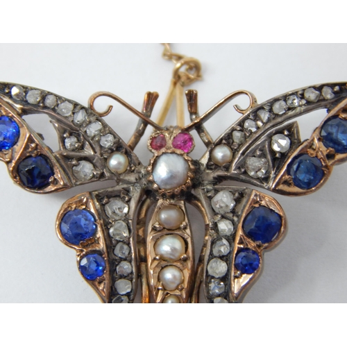 346 - 19th Century Gold & Silver Butterfly Brooch, Set with 30 Diamonds, 10 Sapphires, Pearls & 2 Ruby Set... 