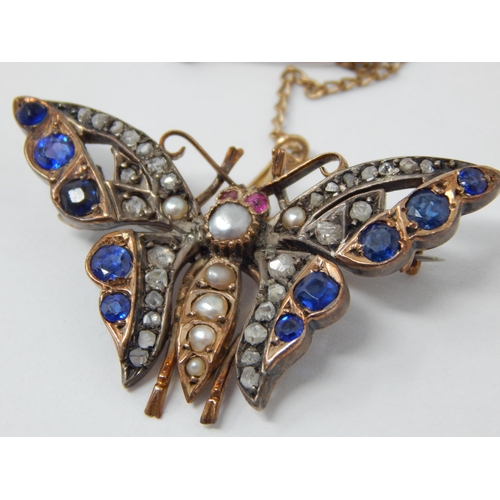 346 - 19th Century Gold & Silver Butterfly Brooch, Set with 30 Diamonds, 10 Sapphires, Pearls & 2 Ruby Set... 