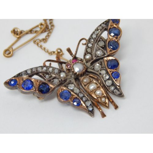 346 - 19th Century Gold & Silver Butterfly Brooch, Set with 30 Diamonds, 10 Sapphires, Pearls & 2 Ruby Set... 