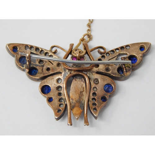 346 - 19th Century Gold & Silver Butterfly Brooch, Set with 30 Diamonds, 10 Sapphires, Pearls & 2 Ruby Set... 