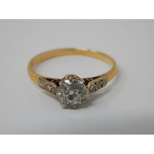 347 - 18ct Gold Ring Inset with a Central Diamond Estimated @ 0.50cts with Triple Diamond Set Shoulders: R... 