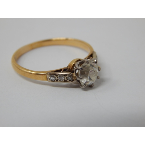 347 - 18ct Gold Ring Inset with a Central Diamond Estimated @ 0.50cts with Triple Diamond Set Shoulders: R... 