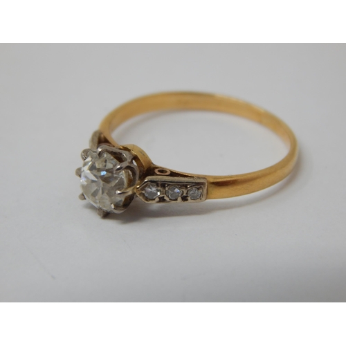 347 - 18ct Gold Ring Inset with a Central Diamond Estimated @ 0.50cts with Triple Diamond Set Shoulders: R... 