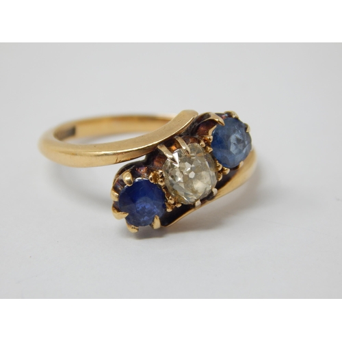 350 - Antique 18ct Yellow Gold Ring Set with a central Diamond Estimated @ 0.60cts Flanked by Two Sapphire... 