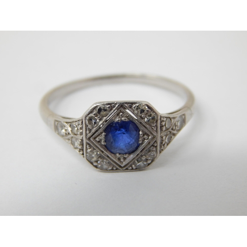 353 - Art Deco Platinum Ring Set with a Good Central Sapphire within a Diamond Border with Diamond Shoulde... 