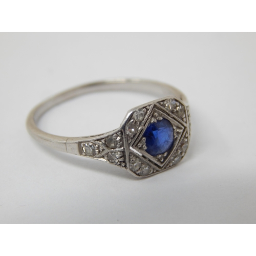 353 - Art Deco Platinum Ring Set with a Good Central Sapphire within a Diamond Border with Diamond Shoulde... 