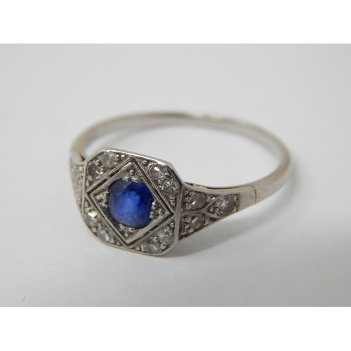 353 - Art Deco Platinum Ring Set with a Good Central Sapphire within a Diamond Border with Diamond Shoulde... 