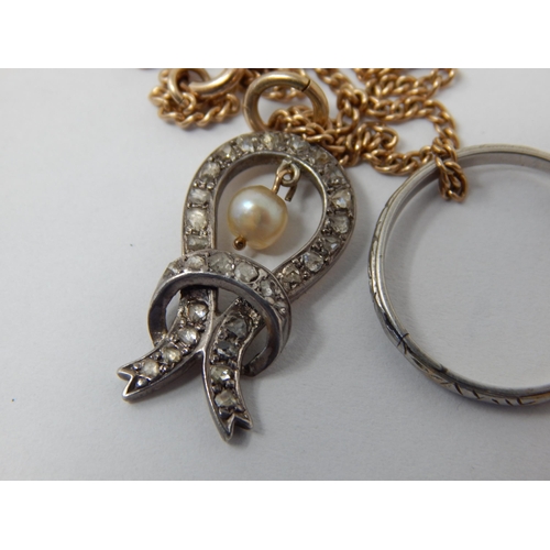 354 - Antique Diamond & Pearl White Gold Pendant together with a Platinum Ring on 9ct Yellow Gold Chain: G... 