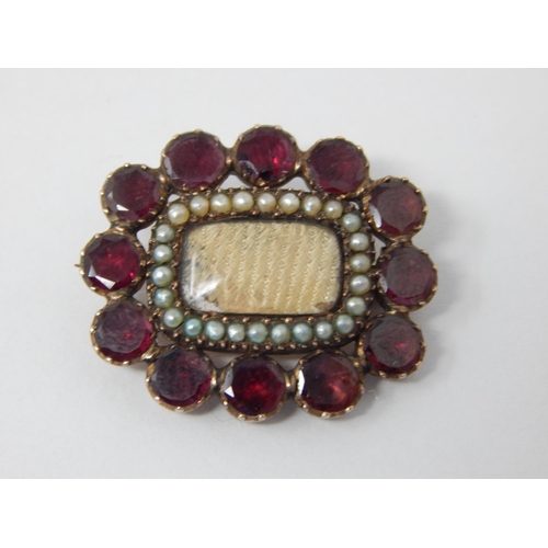 358 - 19th Century Gold Mounted Garnet & Pearl Set Mourning Brooch with Vacant Central Panel: Measures 2.5... 