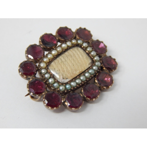 358 - 19th Century Gold Mounted Garnet & Pearl Set Mourning Brooch with Vacant Central Panel: Measures 2.5... 