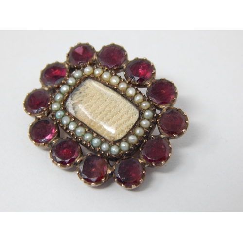 358 - 19th Century Gold Mounted Garnet & Pearl Set Mourning Brooch with Vacant Central Panel: Measures 2.5... 