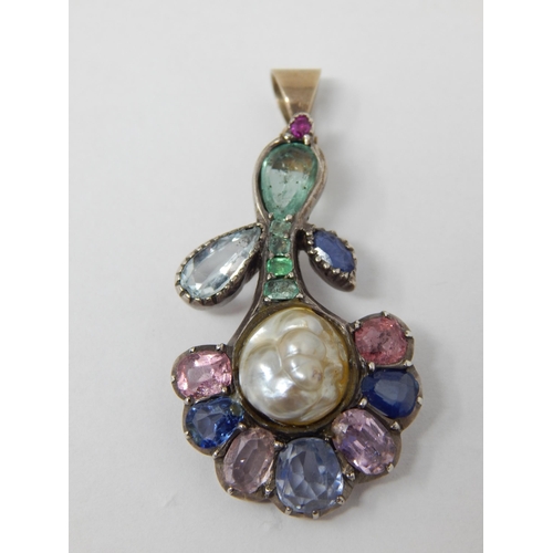 359 - Georgian Multi Gem Set Pendant Set with Sapphires, Emeralds, Pink Topaz, Pearl, Ruby: Measuring 4cm ... 