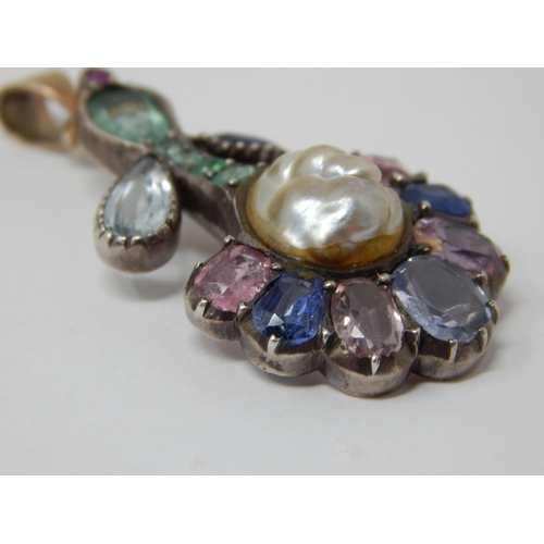 359 - Georgian Multi Gem Set Pendant Set with Sapphires, Emeralds, Pink Topaz, Pearl, Ruby: Measuring 4cm ... 