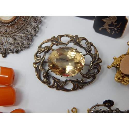 365 - Quantity of Amber Beads, Victorian Yellow Metal Brooch, Scottish Silver Brooch, Jade Bangle & a Quan... 