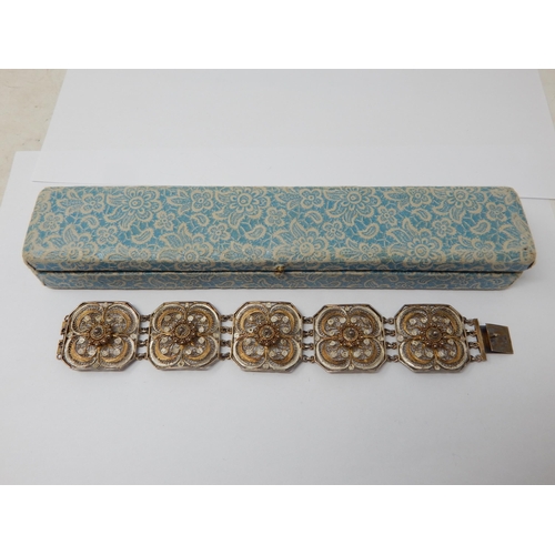 366 - Silver & Silver Gilt Five Panel Filigree Bracelet in Fitted Case.