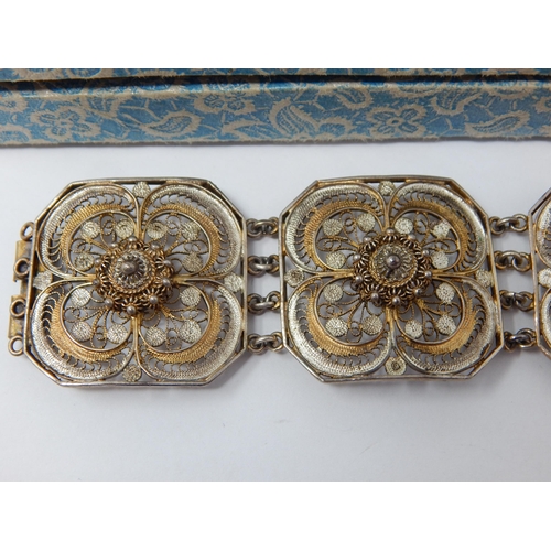 366 - Silver & Silver Gilt Five Panel Filigree Bracelet in Fitted Case.