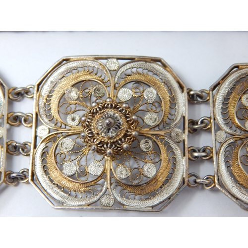 366 - Silver & Silver Gilt Five Panel Filigree Bracelet in Fitted Case.