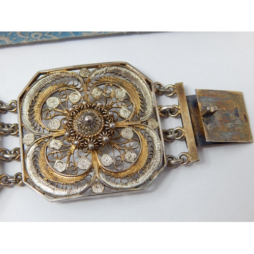 366 - Silver & Silver Gilt Five Panel Filigree Bracelet in Fitted Case.