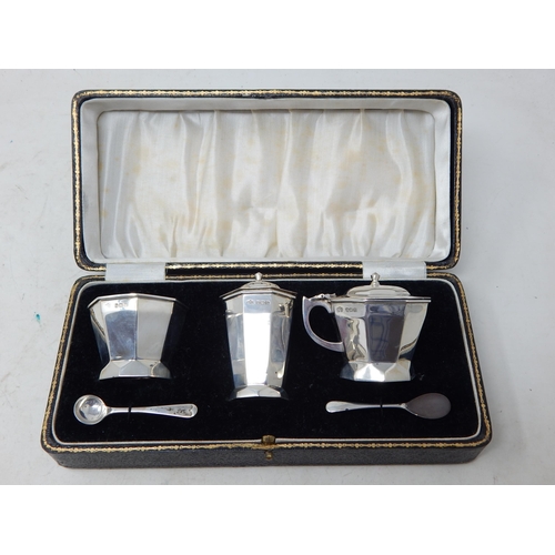 369 - Art Deco Silver Cruet Set with Blue Glass Liners Hallmarked Birmingham 1937 by Elkington & Co with T... 