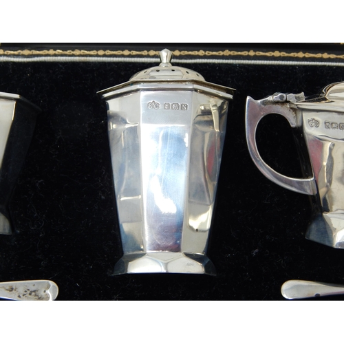 369 - Art Deco Silver Cruet Set with Blue Glass Liners Hallmarked Birmingham 1937 by Elkington & Co with T... 