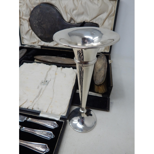 372 - Silver bud Vase Hallmarked Chester 1913 together with a silver hallmarked part dressing table set & ... 