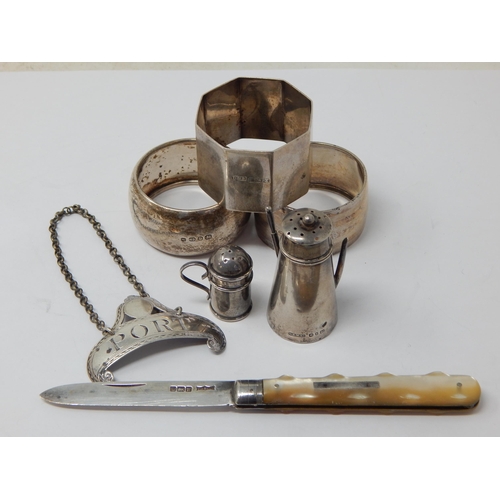 378 - Quantity of Hallmarked Silver to Include Napkin Rings, Silver Bladed fruit Knife, Miniature Silver C... 