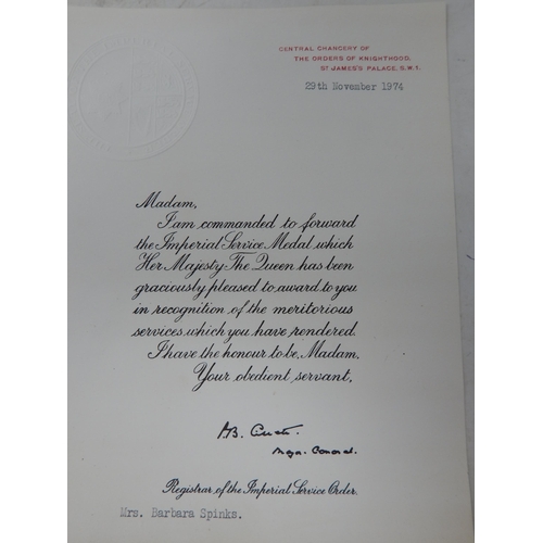 13 - Imperial Service Medal awarded to Mrs Barbara Spinks with letter from St James's Palace dated 29th N... 