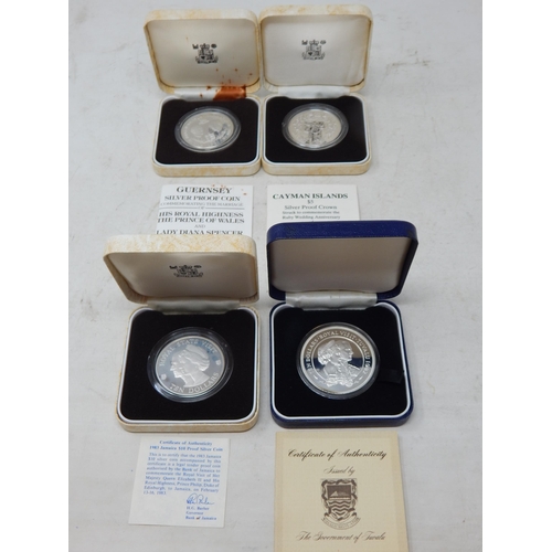 6 - Guernsey Proof Silver Crown 1981, Cayman Isles Proof Silver $5 1987, Jamaica Proof Silver 1983 $10, ... 