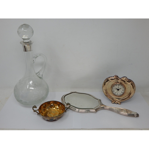 384 - A Quantity of Silver to Include a Silver Fronted Heart Shaped Desk Clock, Silver Mounted Etched Glas... 