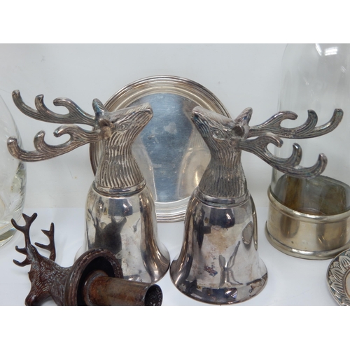 385 - A Quantity of Silver Plated Wares to Include a Pair of Stag Mounted Stirrup Cups, Christofle Tray, S... 